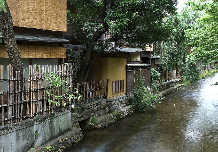 Shirakawa canal in Gion with traditional ochaya teahouses along the water
