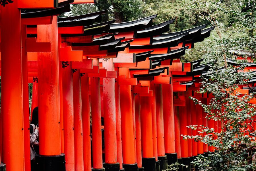 Rows of red torii gates at Fushimi Inari Shrine in Kyoto
