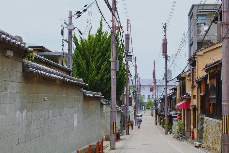 Quiet traditional alleyway in central Kyoto's downtown