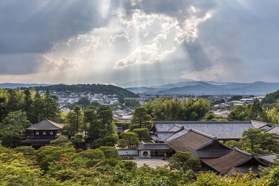 Ginkaku-ji Silver Pavilion seen from above with its moss gardens