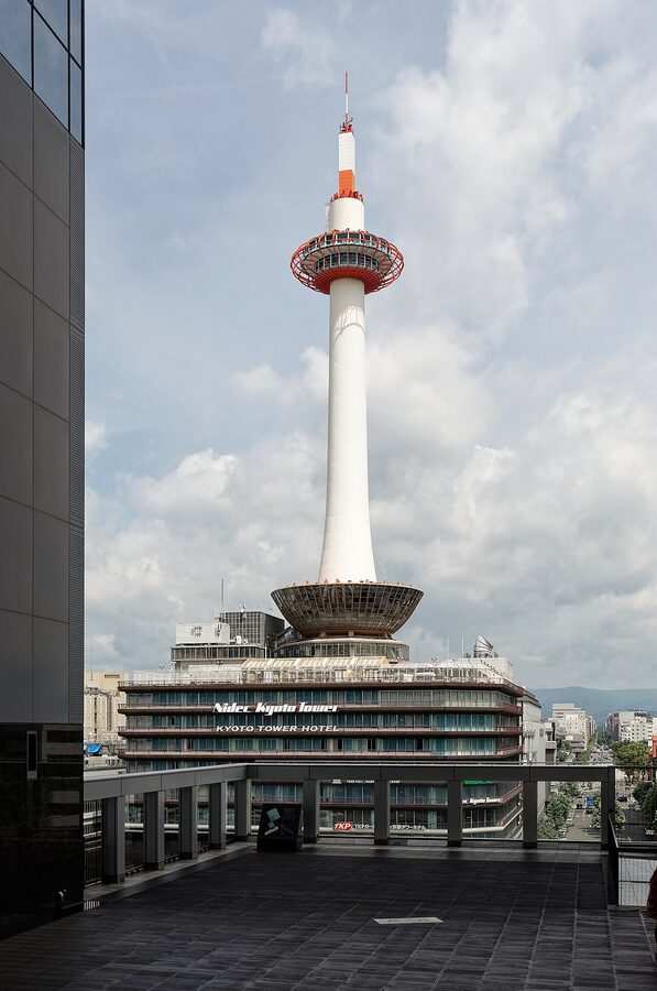 Kyoto Tower seen from across the Kyoto Station forecourt