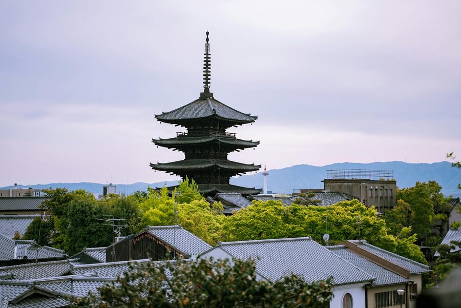 Yasaka Pagoda rising above traditional rooftops in Higashiyama