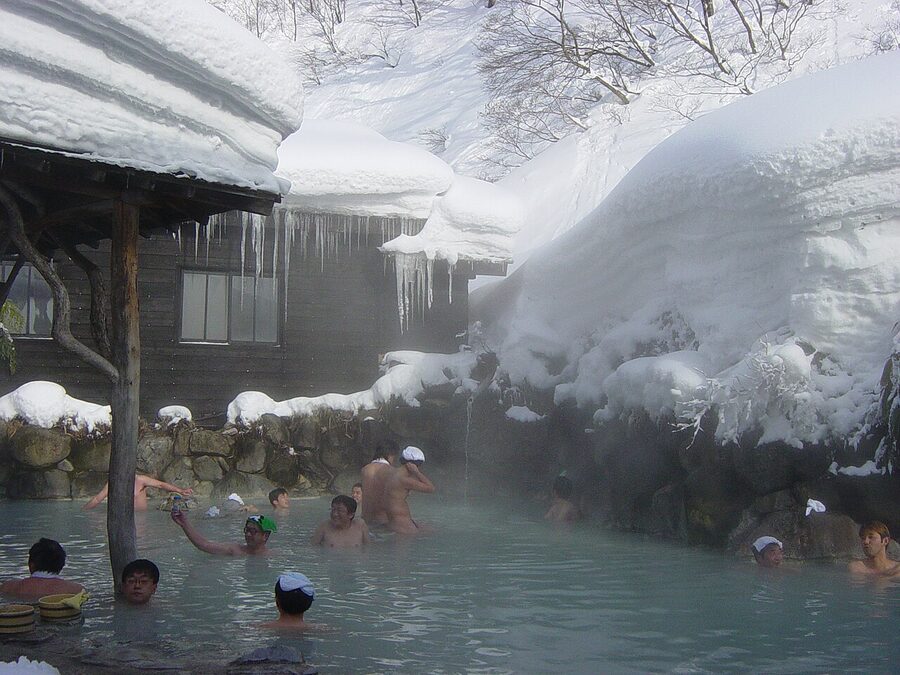 Outdoor rotenburo hot-spring bath surrounded by stone and foliage