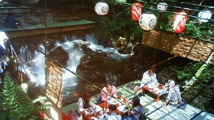 Kawadoko riverside dining platforms suspended above a stream in Kifune