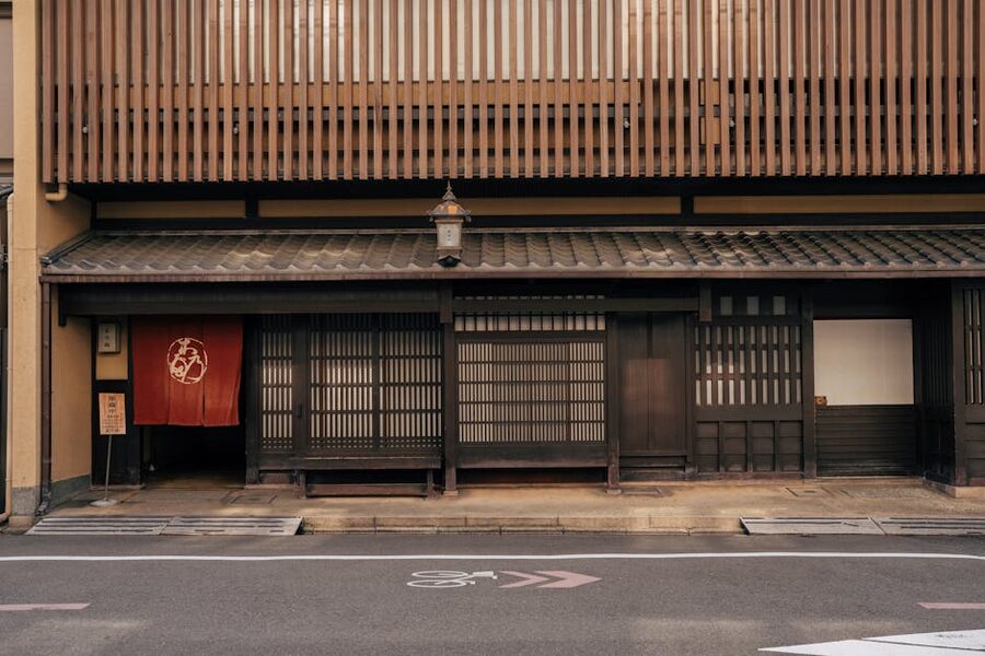 Traditional wooden facade on a Kyoto machiya house