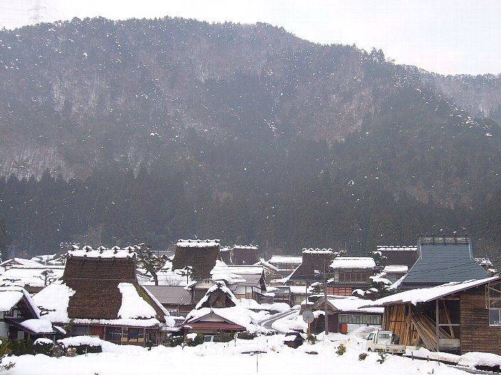 Wider scene of Miyama village showing several thatched houses among fields and forest